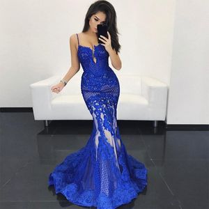 Azul real elegante sereia vestidos de noite cintas de espaguete querida rendas apliques babados festa formal vestidos de baile feito sob encomenda vestido de festa