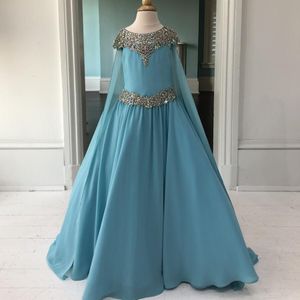 Long Chiffon Pageant Dress for Teens Juniors 2021 Cape Jewel Neck AB Stones Crystal Pageant Gown for Little Girl Zipper Formal Party rosie