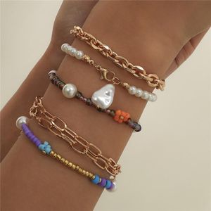 Wholesale daisy chain bracelet resale online - Imitation Pearl Daisy Woven Beaded Bracelets Mixed Color Alloy Hollow Cross Chain Women Multi Layer Gold Vacation Party Bracelet Jewelry Sets Accessories