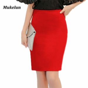 ファッション夏の女性のスカート黒プラスサイズの高い腰の仕事スリムな鉛筆赤いオープンフォークセクシーなオフィスの女性s女性210619