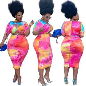 Plus Size Women Clothing Two Piece Set 4XL Tie-Dye Printing Hollow Out Kortärmad Midi Skirt Suit Partihandel Drop 211029