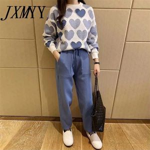 JXMYY Fashion Love Printed Knitted Two Peice Suit Women Long Sleeve Sweater Tops And Solid Colors Casual Pants Female 211105