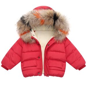 Boys Girls Cotton Coat Winter Warm Jacket Baby Girl Colored Fur Collar Hoodies Kids Thicken Outerwear Children Clothing For 1-6Y 211011