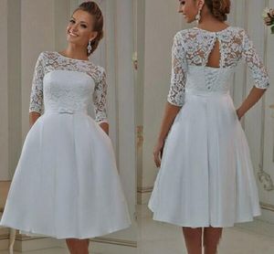 A Line Knee Length Short Wedding Dresses with Half Sleeves Lace Up Back Bow Formal Gowns for Bride 2022