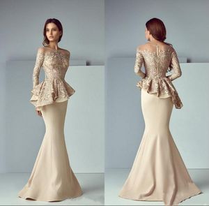 Champagne Lace Stain Peplum Evening Formal Wear Dresses 2021 jewel sheer Neck Long Sleeve Dubai Arabic Mermaid Prom Dress