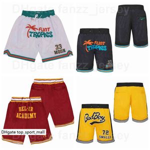 33 FLINT TROPICS JACKIE MOON Basketball Shorts Just Wear Don BAD BOY BEL-AIR ACADEMY WILL SMITH Sport Pant Pocket Zipper BRYANT MCDONALDS ALL AMERICA ROYAL MARTIN