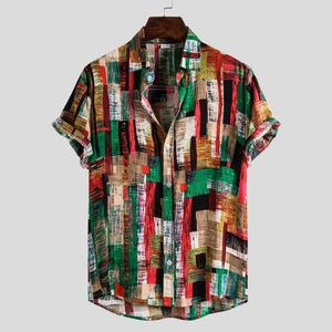 Fashion Mens Designed Colorblock Stripe Print Shirts Casual Short Sleeve Cotton Linen Shirt camisas de hombre 210527