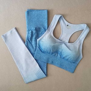 ZZSLHL Ombre Seaml2 Parça Set Kadın Spor Suit Spor Egzersiz Giysileri Spor Sütyen ve Pisti Butt Tayt Yoga Set Spor X0629