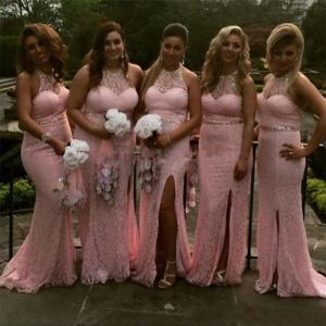 Pink Full Lace Bridesmaid Dresses Plus Size Halter Sparkly Beaded Custom Made Mermaid Side Slit Floor Length Maid of Honor Gown Wedding Guest Wear Vestidos