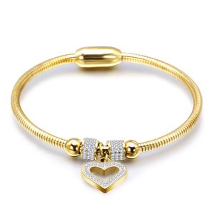 Kvinnor Present Magnetic Clasp Snake Chain Rostfritt stål Bangle Micro Pave Heart Charm Armband