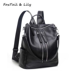 Foxtail & Lily 100% Genuine Leather Women Backpack Hot Fashion School Bags for Girls Practical Casual Shoulder Bag High Quality Q0528