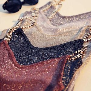 Kadın Kolsuz Tank Tops Seksi Kadın V Yaka Örme Kaşkorse Kulübü Kız Spagetti Metal Kayış Camiş Ince Parlak Glitter Bling 2 Y0622