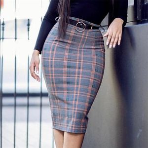 Kvinnor Hög midja Plaid Penna Kjolar Bodycon Retro Snygg Elegant Office Ladies Summer Modest Slim African Fashion Jupes Falader 210724