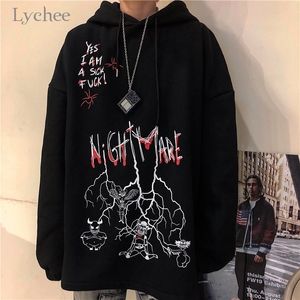 Lychee Harajuku 느슨한 캐주얼 여성 후드 풀오버 낙서 악마 편지 여성 후드 스웨터 가을 레이디 스웨터 탑스 201109