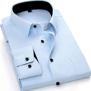 Mens de trabalho camisas marca macio manga longa quadrado colarinho regular liso sólido / sarja homens vestido camisas brancas macho tops 210714