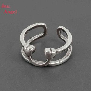 Jea.angel 925 silver kärlek-hjärta leende ansikte personlighet dubbel smidig enkel design öppning ring retro smycken för par gåvor G1125