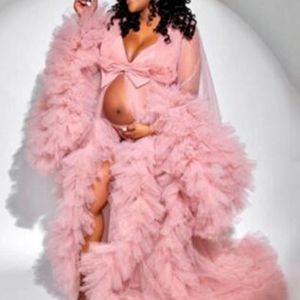 Skóra Różowa Afrykańska Sukienka Macierzyńska Szaty Dla Fotografii Shoot lub Baby Shower Wzburzyć Tulle Chic Kobiety Prom Suknie Ruffles Długi Rękaw Photography Robe Party Dresses