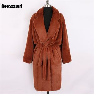 Nerazzurri Jesień Longvize Brown Soft Light Faux Fur Coat Kobiety Z Długim Rękawem Pas Casual Koreański Moda bez przycisków 211123