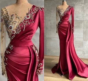 2021 Bury Evening Dresses Satin Designer Illusion Long Sleeves Beaded Crystals Mermaid Ruched Pleats Prom Party Gowns Custom Made 401 401