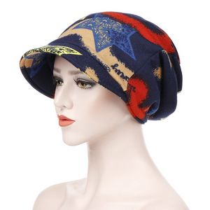 Kepahoo Damska Drukuj Czapki Kapelusz Zima Bawełniana Kapelusze Baseballowe Kobiece Ponytail Vintage Ciepłe Slouchy Szydełka Daszek narciarski Turban Cap