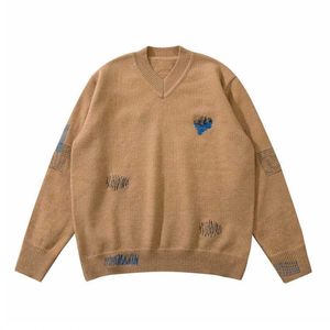 長袖VネックブラウンAdererrorプルオーバー刺繍セーター男性女性1：1最高品質のADERエラーパーカースウェットシャツ