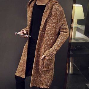 Homens Cardigan Sweater Coreano Moda Slim Fit Longo Camisola Casaco com Capuz Homens Streetwear Casaco Marrom Tamanho Pequeno Cardigan 211221