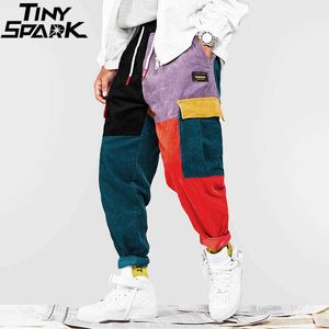 Hip Pants Vintage Color Block Patchwork Corduroy Cargo Harem Pant Streetwear Harajuku Jogger Sweatpant Cotton Trousers 210616