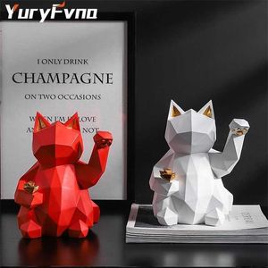 YuryFvna Geometric Animal Statue Lucky Cat Collectible Figurine Feng Shui Successful Career Luck and Fortune Charm Good Health 211105