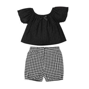 2022 summer girls' bubble sleeve hollow out top thousand bird check Pants Set 0-5 years old children's casual Shorts Set G220217