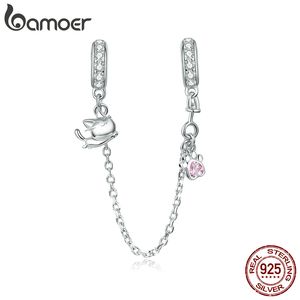 Bamoer Silver 925 Jóias Kitty Cat Cadeia de Segurança Charm apto para original 3mm cobra pulseira pulseira de jóias finas fazendo bsc243 q0531