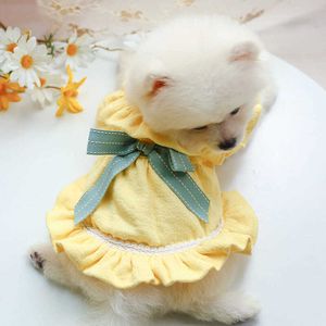 Filhote de cachorro primavera outono amarelo arco de luxo cão verão pet canicleta saia havaiana vestido animais de estimação