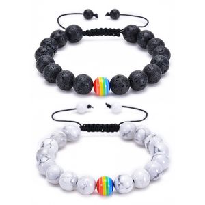 LGBT Rainbow Bead Gay Pride 10mm Turquoise Strand Black Lava Stone Bracciale con perline intrecciate per donna Uomo Yoga Buddha Energy Jewelry