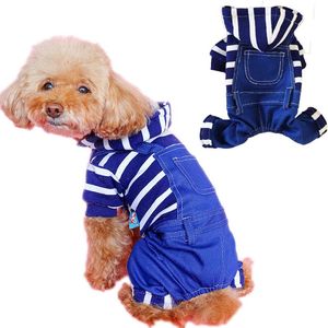 Собака одежда синие белые полосы одежды домашнее животное комбинезон джинсовые брюки с капюшоном пальто девушка мальчик щенок куртка Щетка пружина xs xl