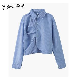 Yitimuceng Paski bluzka Kobiety Vintage Folds Button Koszule Turn-Down Collar Solidna Wiosna Letni Koreański Moda Topy 210601