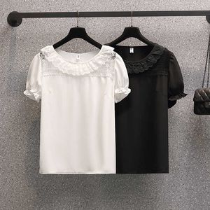 Women Blouse Polka Dot Shirt Summer Short Sleeve O Neck Casual Elegant Print Tops Female Clothing White lace Shirts 210604