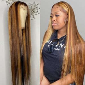 Destaque Peruca Cabelo Humano Ombre Mel Loiro Hd Lace Front Perucas para Mulheres Brasileiro 13x1 30 Polegada Osso Reto Full Frontal Peruca