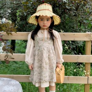 Herbst Kinder Kleidung Mädchen Solide Farbe Baumwolle und Leinen Kleider + Blumenschlingkleid Zwei Stücke Set Kleinkind Langarmkleid 210303