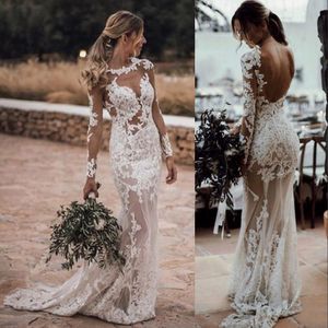 Sheer Bohemia Mermaid Weddig Dresses Jewel Neck Illusio Log Sleeves Lace Appliqued Crystal Beads Plus Size Ope Back Beach Boho Bridal Gows Sweep