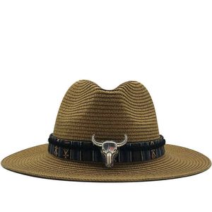 남성 여성을위한 여름 밀짚 모자 썬 비치 모자 남성 재즈 파나마 모자 페도라 와이드 브림 태양 보호 모자 가죽 벨트 210616