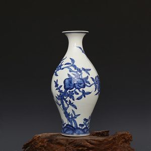 Vaser Qing Qianlong Handmålade Blå och Vit Nio Peach Fishtail Vase Antik Porslin
