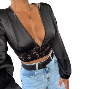 Damska koszulka Czysta Kolor Kobiety Sexy Koszulki Koronki Hollow Out Satin V-Neck Crop Tops Lato Letni Z Długim Rękawem Krótki Casaul Streetwear1