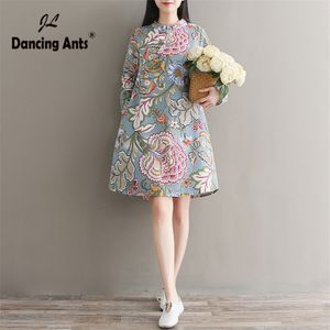Vestido de mulher uma linha solta vestido vintage estilo chinês flor impresso vestidos de manga longa botão de colarinho de manga vestidos 210309