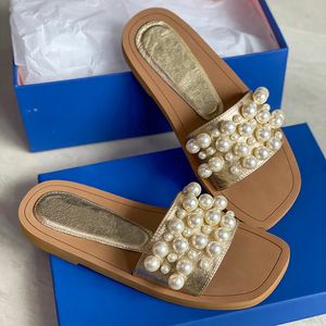 Womens Pearl Slippers Goldie Slide Sandals Real Leather Summer Beach Causal Pearl Flip Flops Slipper Wooden sole Flat Lady Sandal Shoes With Box 314