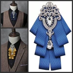 Men Ribbon Bow Handkerchief Alloy Pin Flower Brooches Pocket Square Neck Tie Set Groom Wedding Party Bling Rhinestone Bowtie