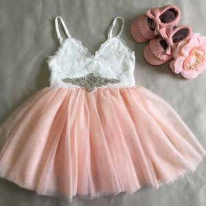 Vintage girls lace dress for kids summer sling children Xmas toddler princess party vestido with flower sashes 210529