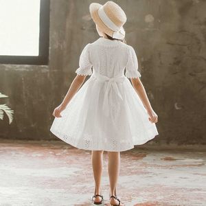 Yeni 2021 Yaz Genç Kız Zarif Prenses Elbise Tatlı İki Katmanlar Çocuk Beyaz Bebek Yaka Pamuk Rahat Giyim, # 9332 Q0716