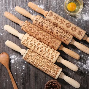 DIY Manual Rolling Pins Graverade med designmönster Trä rullar för bakning Embossed Cookies Köksredskap Julklapp 211008