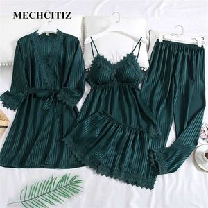 Mechcitiz Pajamas Satin Women 4 Sztuk Sen Set Sleepwear Wiosna Koronki Piżama Sexy V-Neck Kimono Szlafroki Suknia Nocna 211112