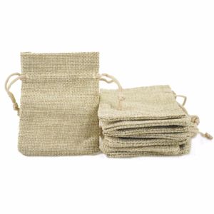 7 * 9 cm 50 sztuk / partia Mini Mini Kolor Naturalny Worki Zwykły Faux Jute Sznurek Małe Biżuteria Prezent Ślubny Torba