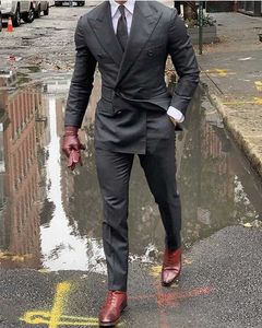 Двухбордовые серые свадебный костюм выпускного мужчины костюм жених смокинг мужчина Blazer Последнее дизайн костюм Homme мужской костюм 2 шт. Куртка брюки X0909